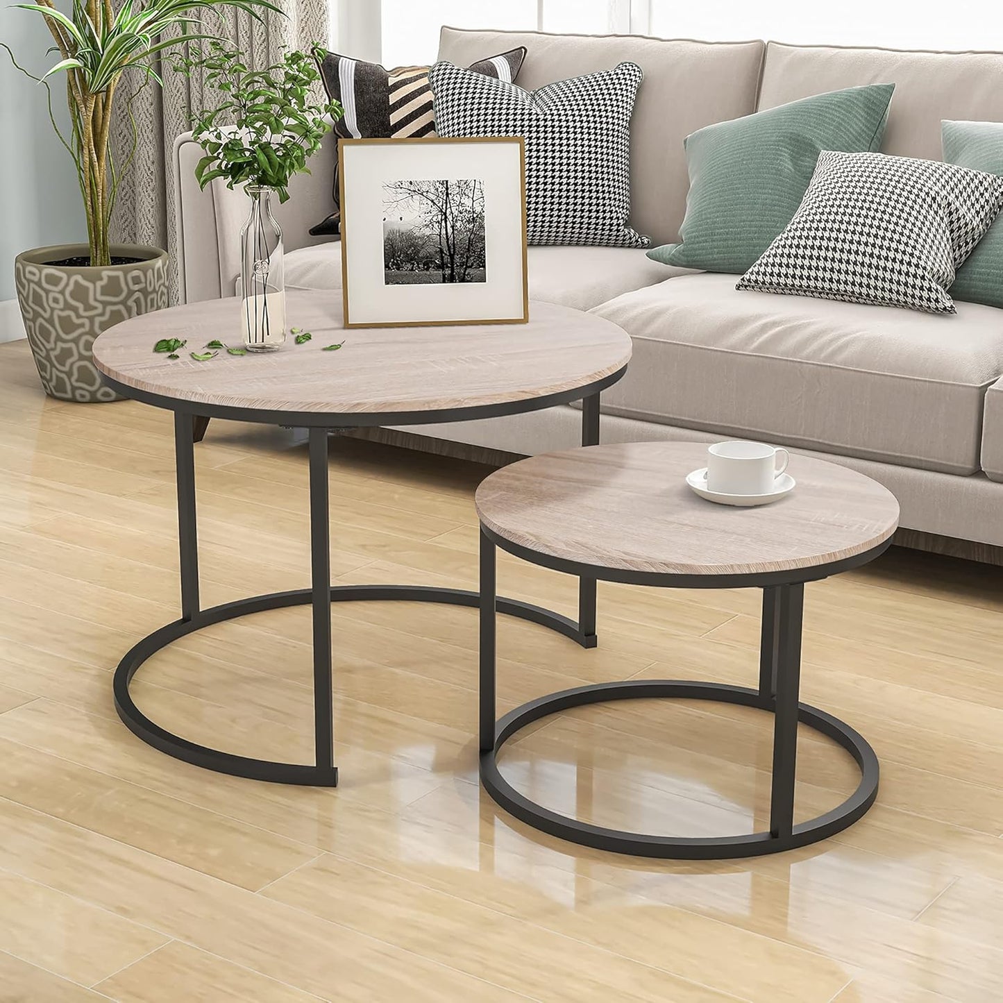 Industrial round Coffee Table Set of 2 End Table for Living Room,Stacking Side Tables, Sturdy and Easy Assembly,Wood Look Accent Furniture with Metal Frame,Black+Teak Oak