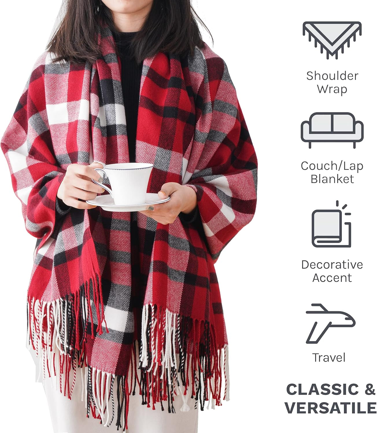 Christmas Red Plaid Throw Blanket for Couch, Bed, Super Soft Red Plaid Scarf, Throw Blanket, Christmas Decorative Throw with Tassels 50"X60"