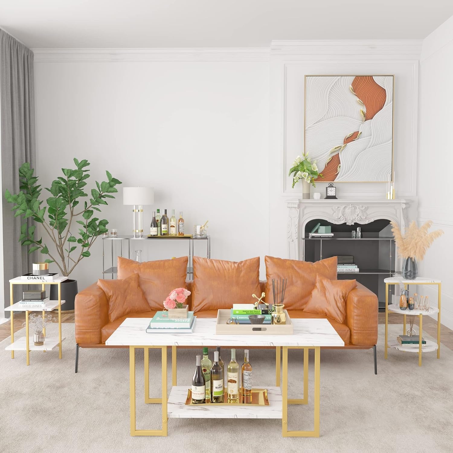 Faux Marble Coffee Table Set of 3,Rectangle Coffeetable and 2 Endtables,Modern Living Roomtablesets with Storage Shelves & Metal Frame for Small Spaces|Apartment|Easy Assembly|White & Gold