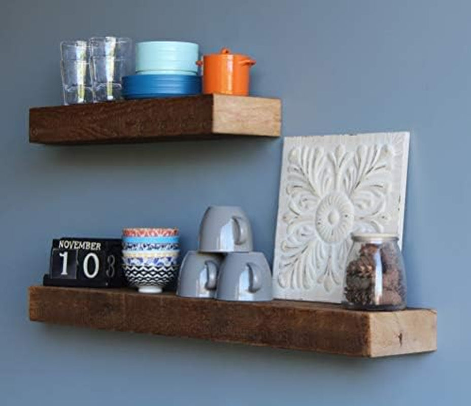 Reclaimed Barn Beam Accent Shelves | Floating or with Brackets Rustic Shelves, Set of 2 | (Floating Natural, 24"X7"X2.5" & 40"X7"X2.5")