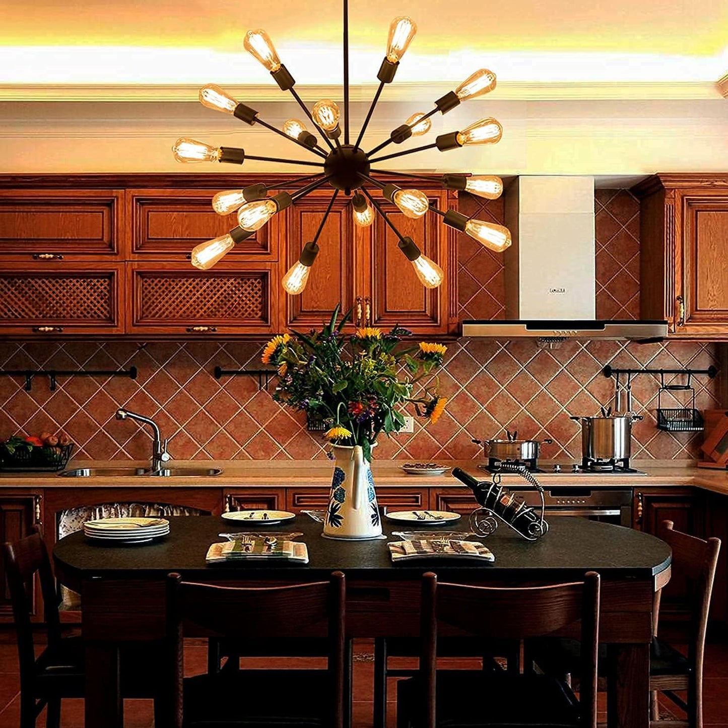 Sputnik Chandeliers Black, Modern 18-Light Farmhouse Pendant Light Mid Century Starburst Lighting Vintage Industrial Ceiling Hanging for Living Dining Room, Bedroom, Kitchen Island, Foyer, Hallway