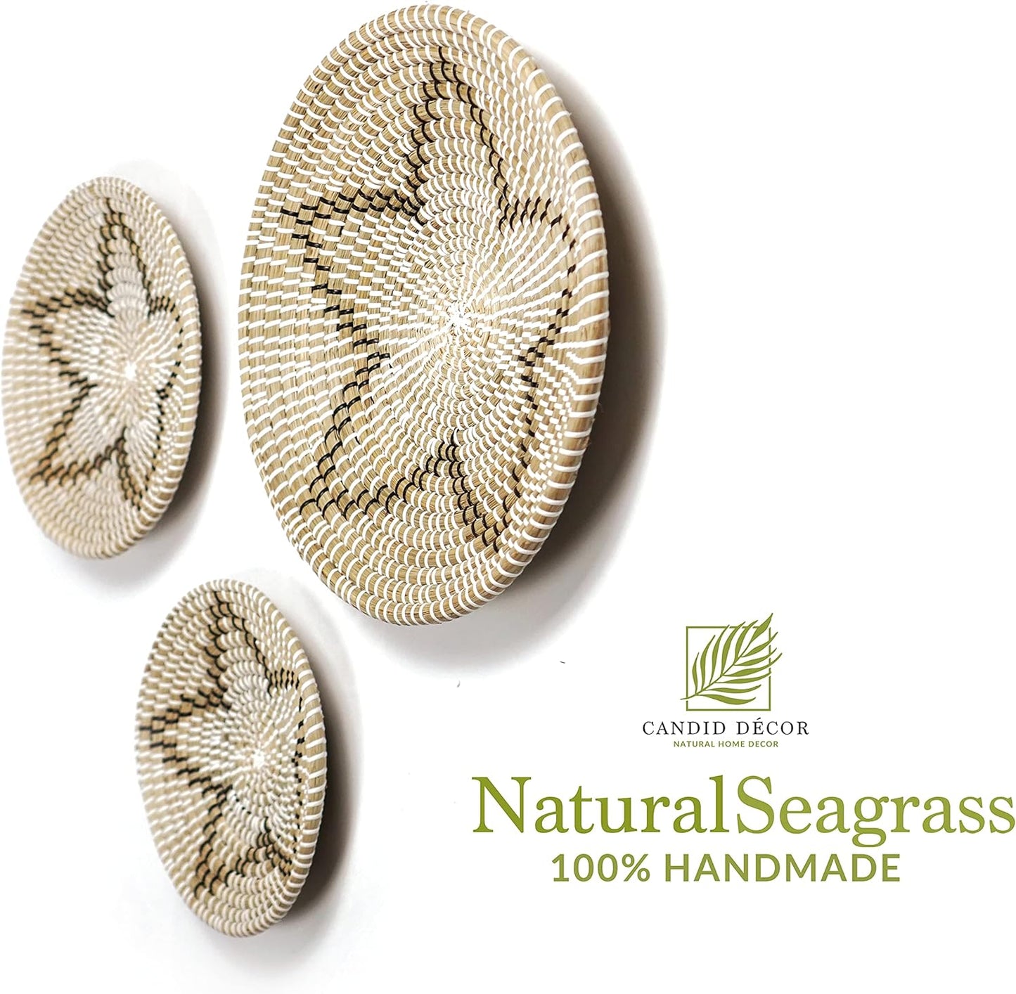 Woven Seagrass Wall Basket Decor Set of 3 Large, Hanging Natural Wicker Flat Baskets, Bowls, Bohemian Wall Decoration Perfect for Home Living Room and Bedroom, Handcrafted Wall Art Set