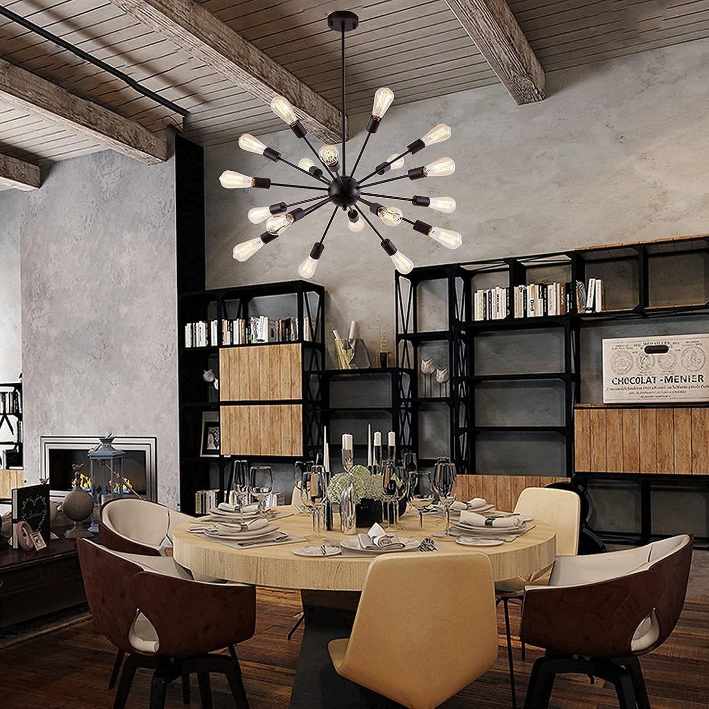 Sputnik Chandeliers Black, Modern 18-Light Farmhouse Pendant Light Mid Century Starburst Lighting Vintage Industrial Ceiling Hanging for Living Dining Room, Bedroom, Kitchen Island, Foyer, Hallway