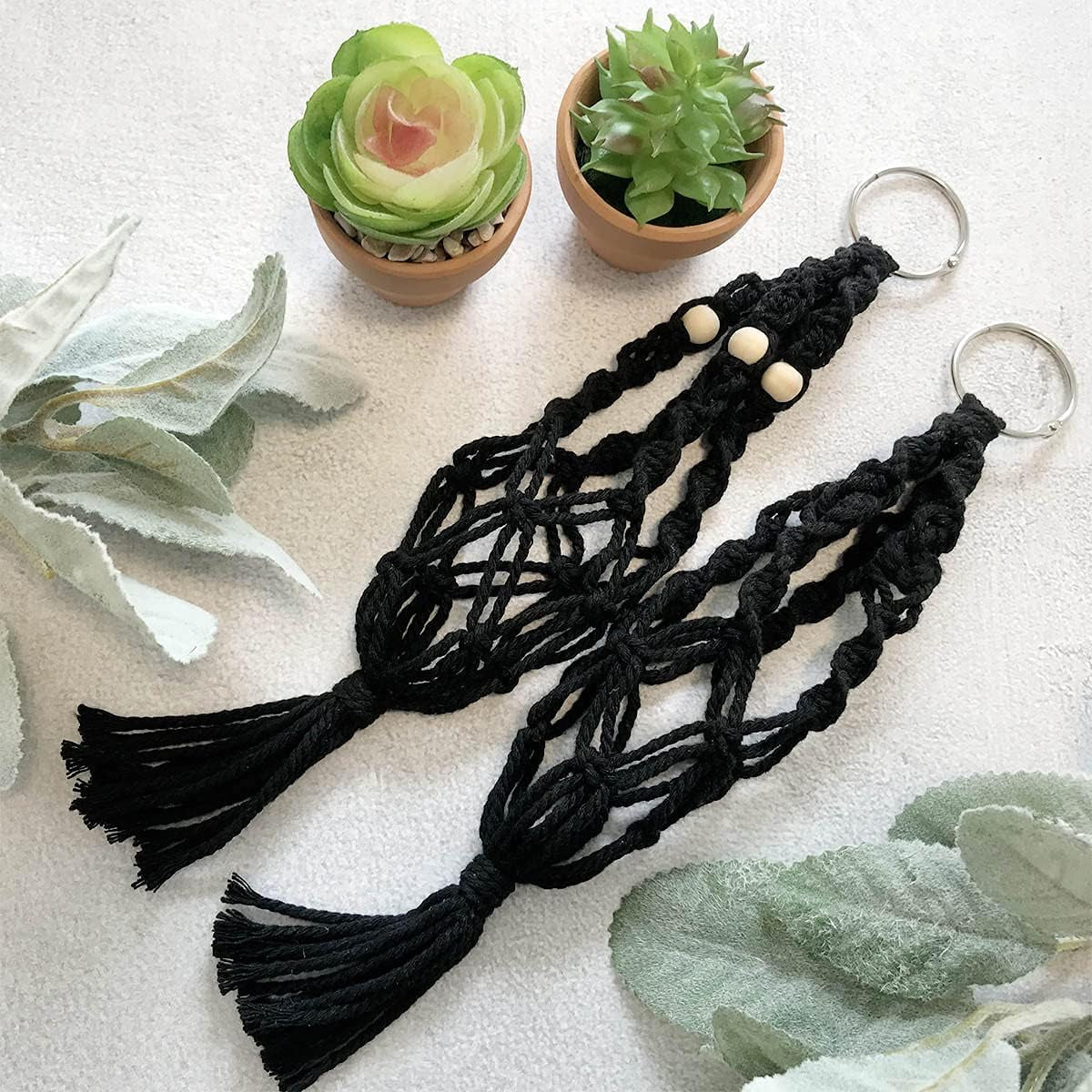 Car Hanging Accessories, 2Mini Macrame Plant Hangers with 2Terracotta Pots & Faux Plants, Black, Boho Style, Unisex-Adults