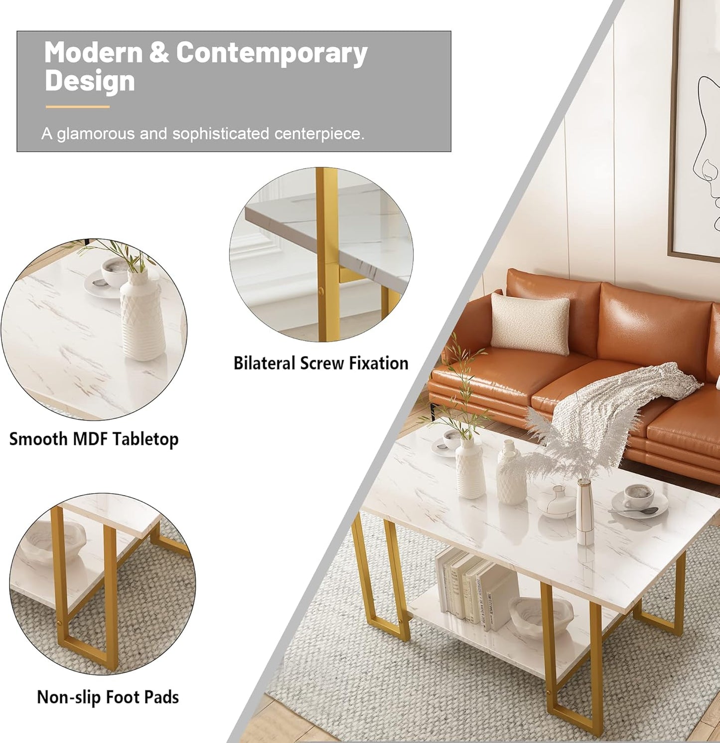 Faux Marble Coffee Table Set of 3,Rectangle Coffeetable and 2 Endtables,Modern Living Roomtablesets with Storage Shelves & Metal Frame for Small Spaces|Apartment|Easy Assembly|White & Gold