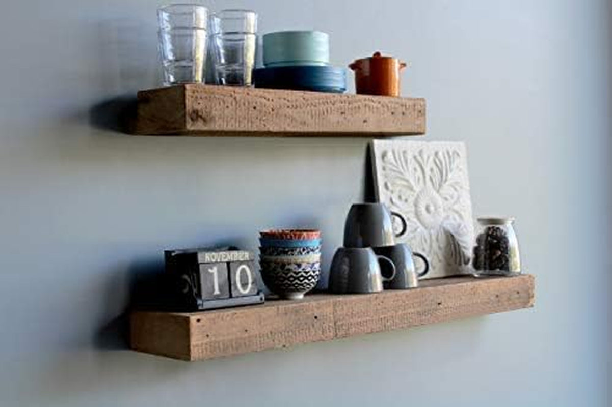 Reclaimed Barn Beam Accent Shelves | Floating or with Brackets Rustic Shelves, Set of 2 | (Floating Natural, 24"X7"X2.5" & 40"X7"X2.5")