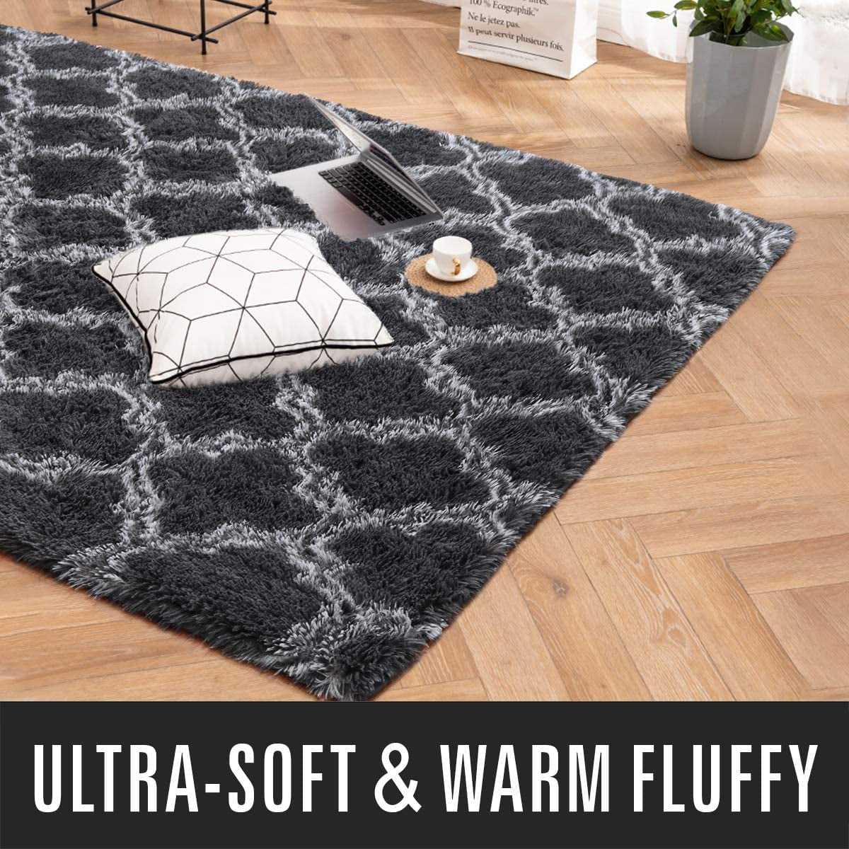 Indoor Rectangle Geometric Contemporary Area Rugs for Living Room Bedroom Plush Carpet,5'X8',Dark Gray