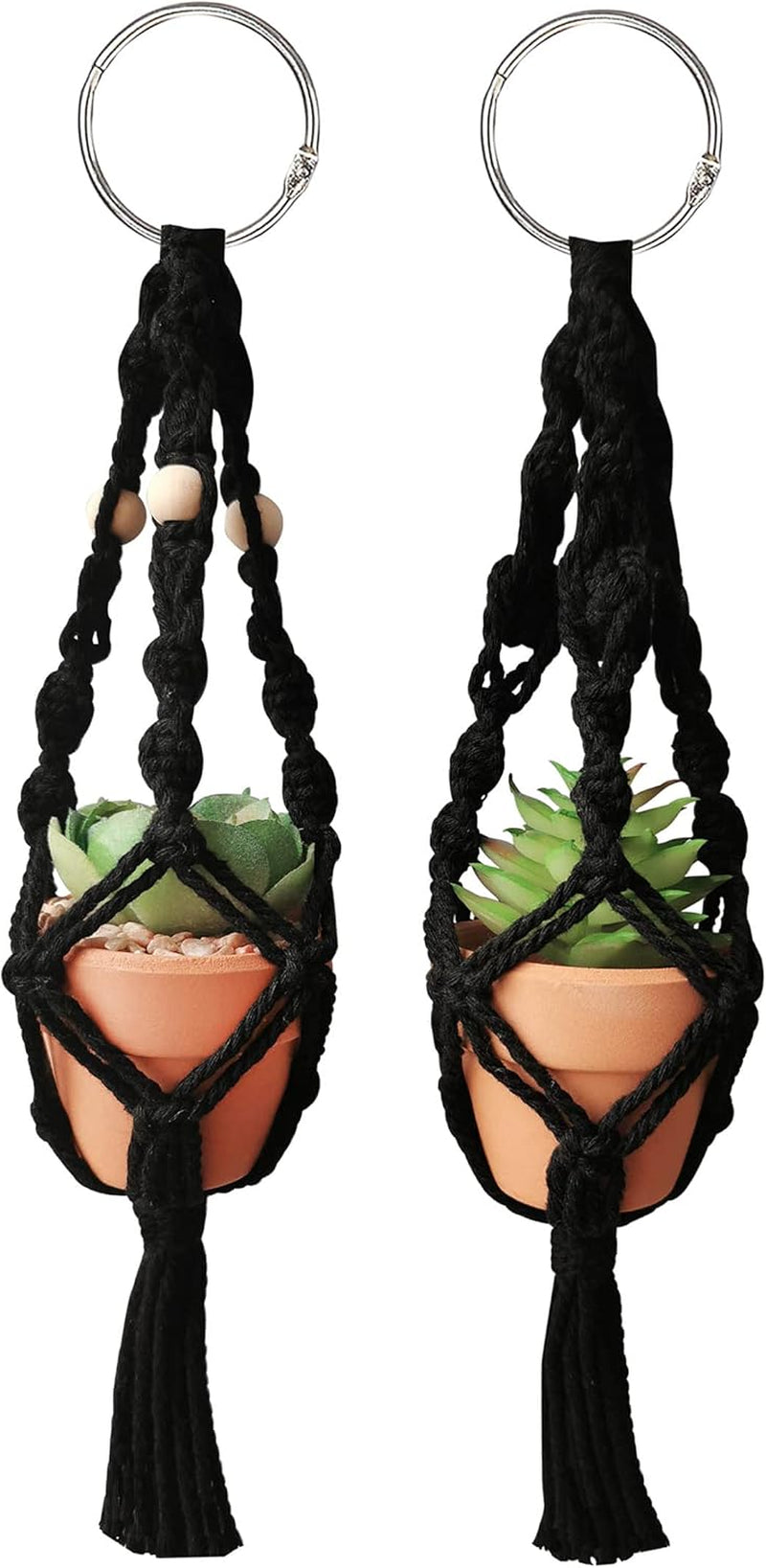 Car Hanging Accessories, 2Mini Macrame Plant Hangers with 2Terracotta Pots & Faux Plants, Black, Boho Style, Unisex-Adults