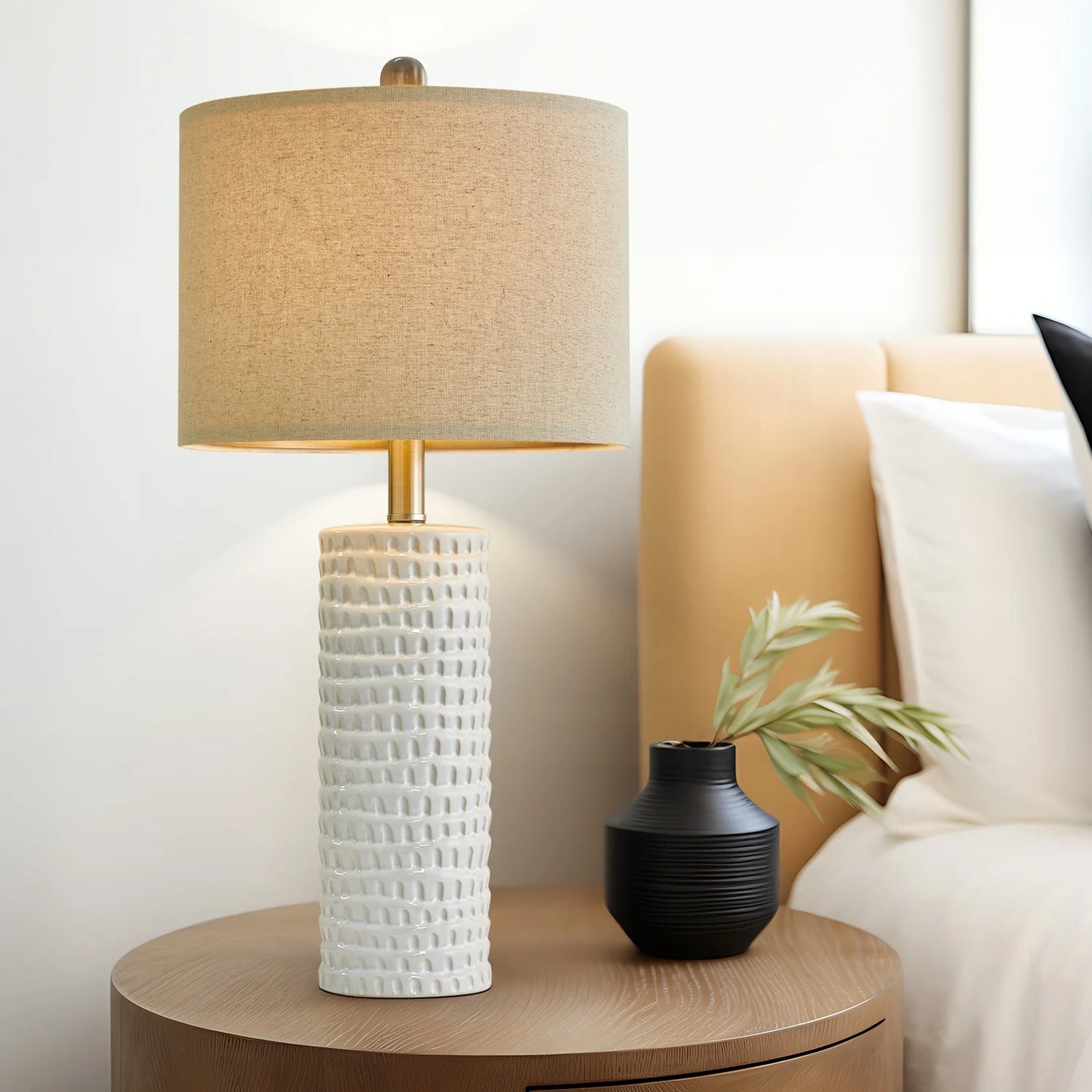 Ceramic Table Lamp Set of 2 24" White Contemporary Bedside Nightstand Lamps for Bedroom Living Room