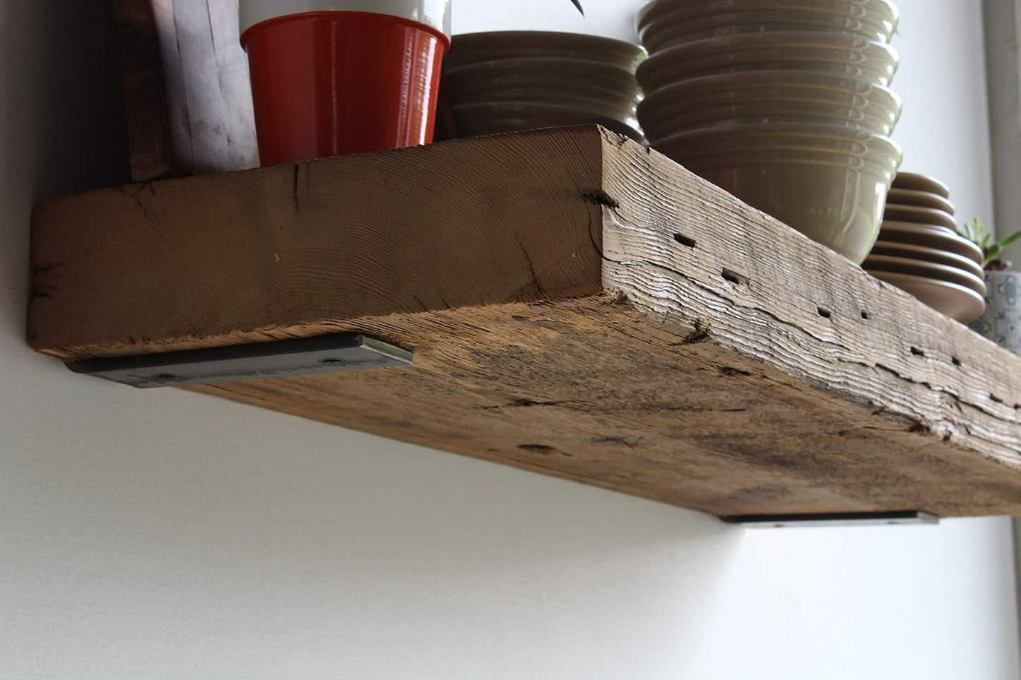 Reclaimed Barn Beam Deep Shelves | Deep Shelves with Brackets Included, Set of 2 | (Natural Low Profile Bracket, 36" X 11.5" X 3")