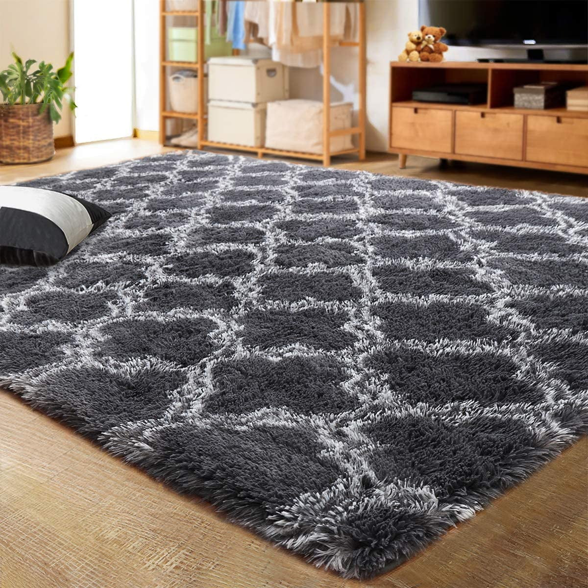 Indoor Rectangle Geometric Contemporary Area Rugs for Living Room Bedroom Plush Carpet,5'X8',Dark Gray