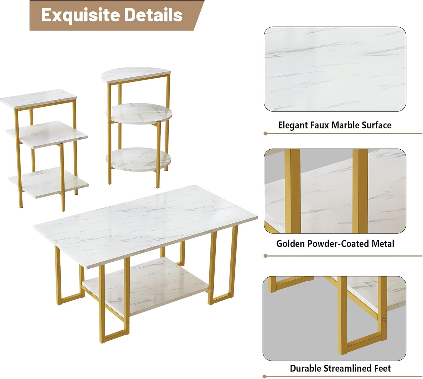 Faux Marble Coffee Table Set of 3,Rectangle Coffeetable and 2 Endtables,Modern Living Roomtablesets with Storage Shelves & Metal Frame for Small Spaces|Apartment|Easy Assembly|White & Gold