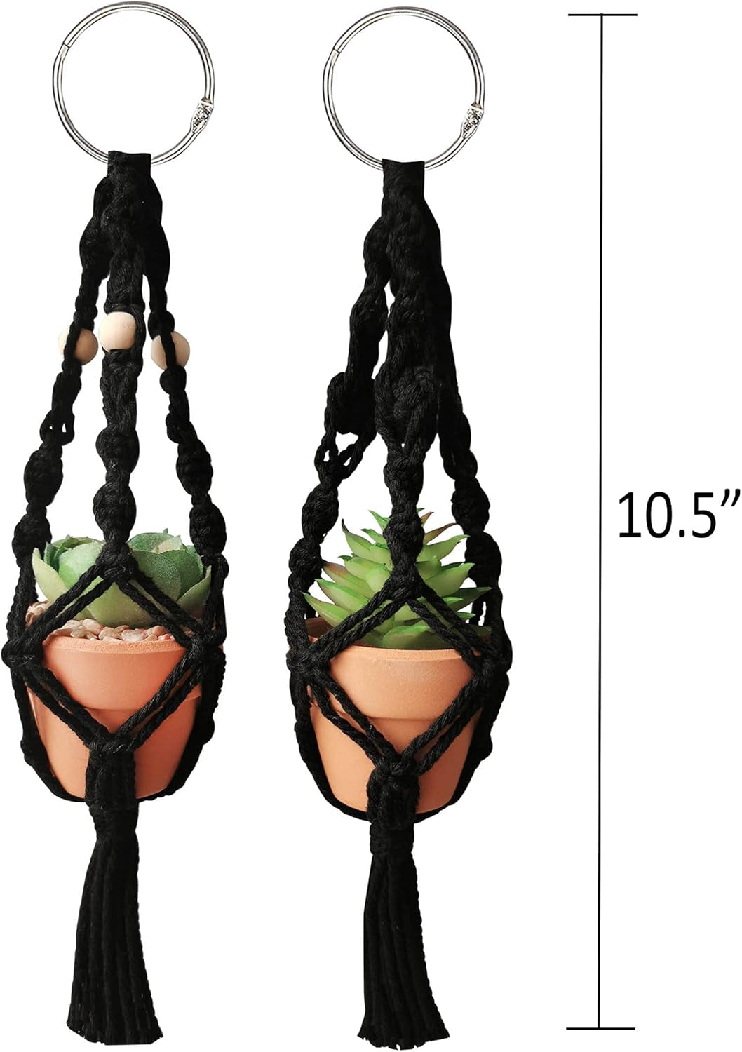 Car Hanging Accessories, 2Mini Macrame Plant Hangers with 2Terracotta Pots & Faux Plants, Black, Boho Style, Unisex-Adults