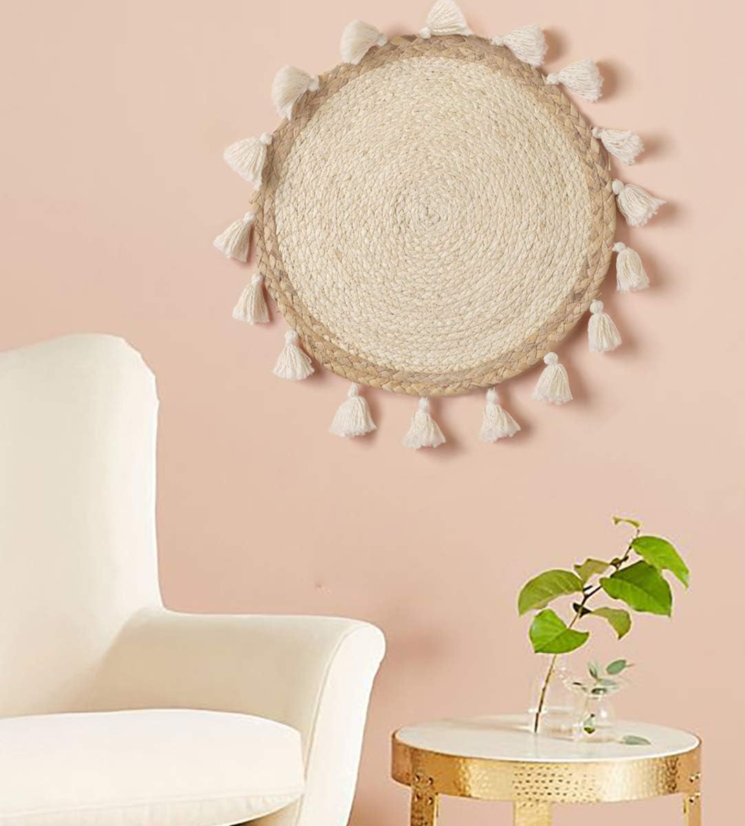 Boho Wall Decor Circle Wall Decor Basket Macrame Wall Hanging round Straw Living Room Wall Home Décor,12"