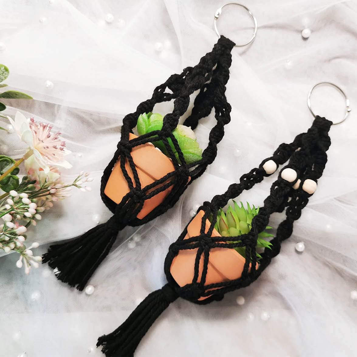 Car Hanging Accessories, 2Mini Macrame Plant Hangers with 2Terracotta Pots & Faux Plants, Black, Boho Style, Unisex-Adults