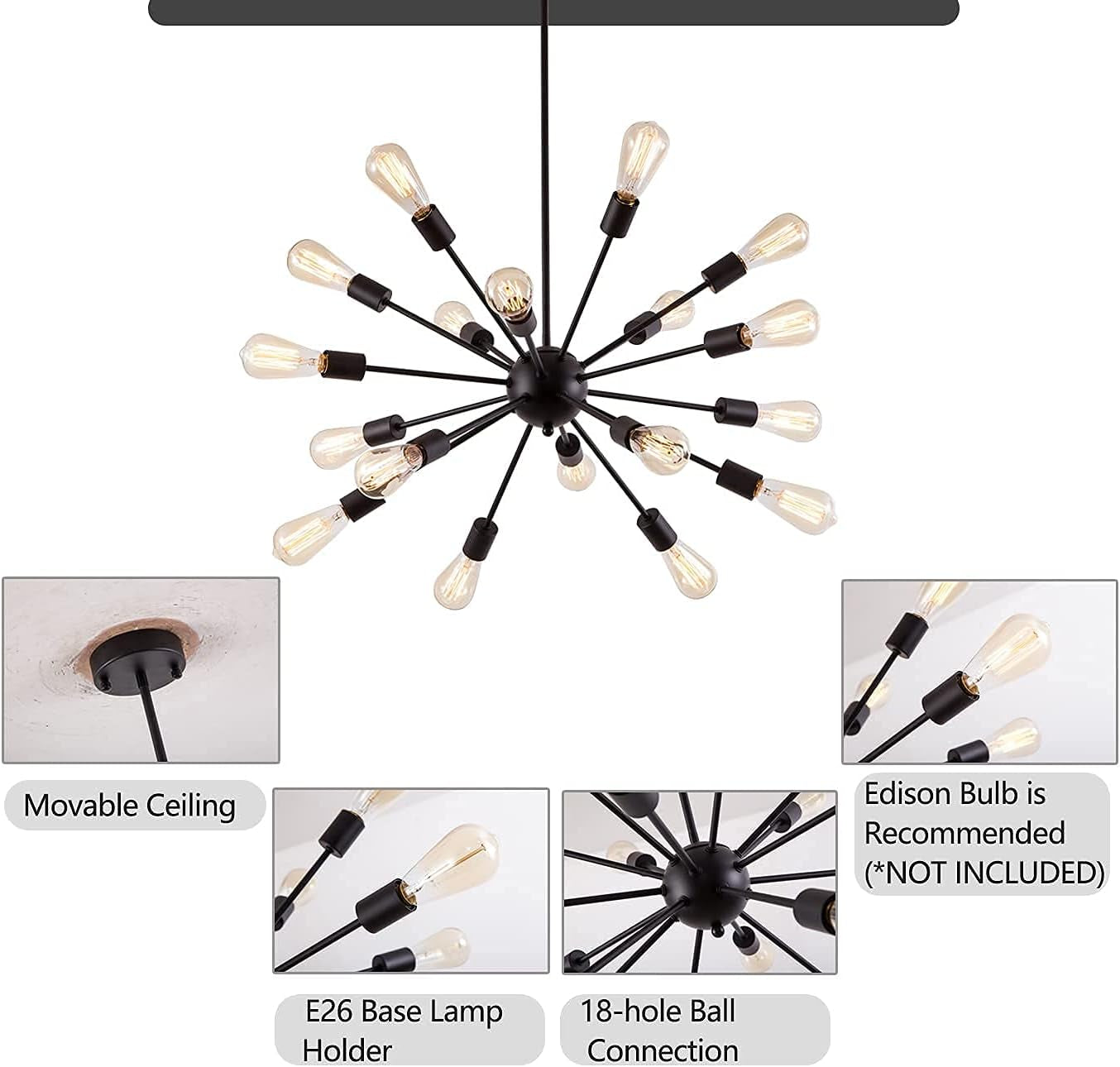 Sputnik Chandeliers Black, Modern 18-Light Farmhouse Pendant Light Mid Century Starburst Lighting Vintage Industrial Ceiling Hanging for Living Dining Room, Bedroom, Kitchen Island, Foyer, Hallway