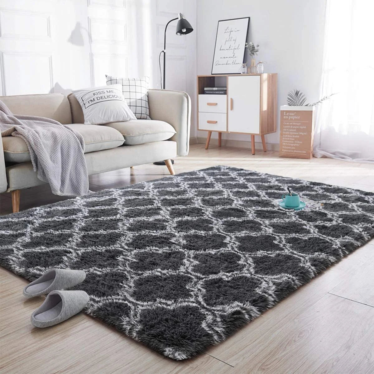 Indoor Rectangle Geometric Contemporary Area Rugs for Living Room Bedroom Plush Carpet,5'X8',Dark Gray