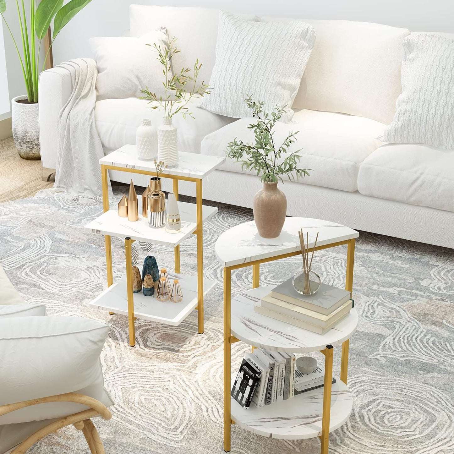 Faux Marble Coffee Table Set of 3,Rectangle Coffeetable and 2 Endtables,Modern Living Roomtablesets with Storage Shelves & Metal Frame for Small Spaces|Apartment|Easy Assembly|White & Gold