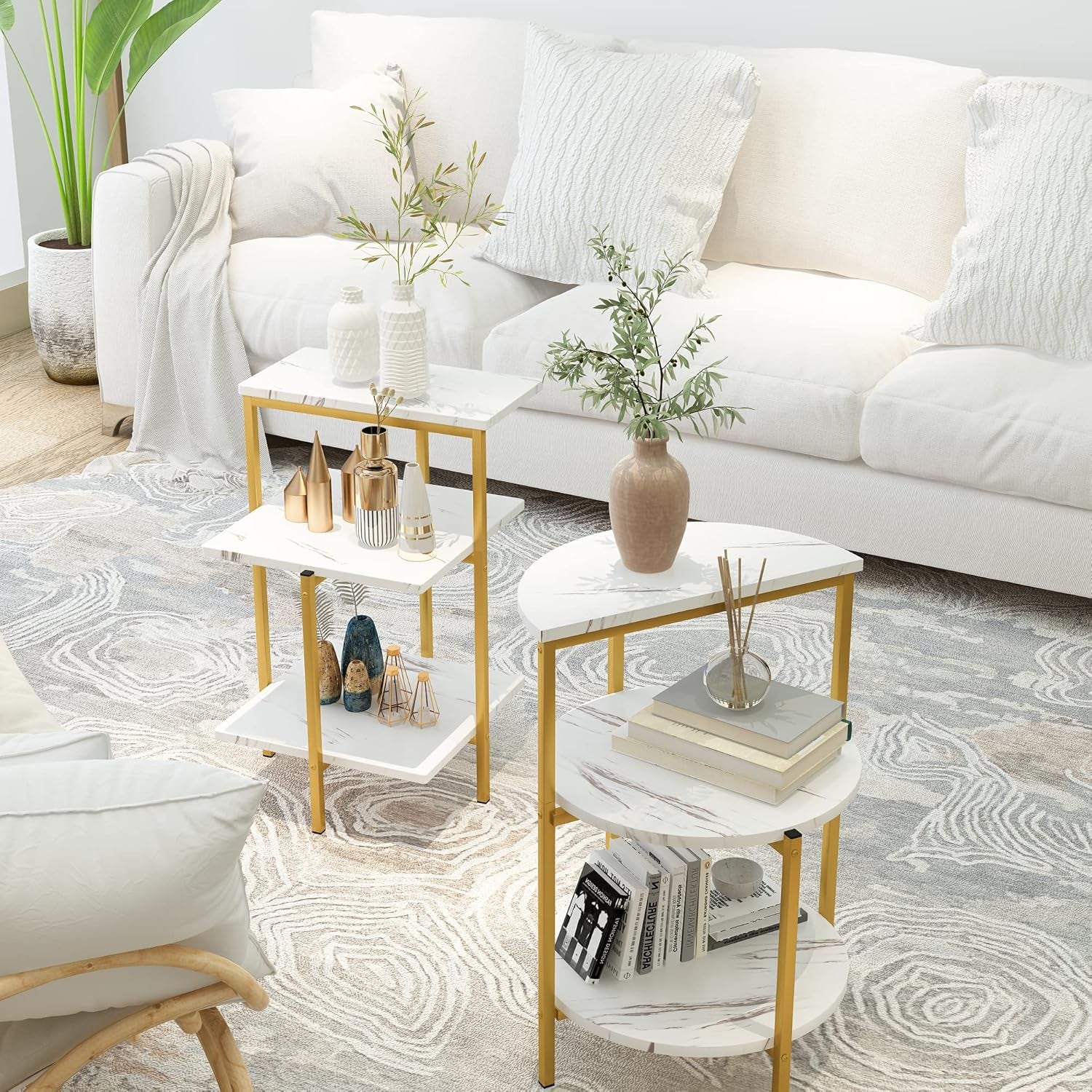 Faux Marble Coffee Table Set of 3,Rectangle Coffeetable and 2 Endtables,Modern Living Roomtablesets with Storage Shelves & Metal Frame for Small Spaces|Apartment|Easy Assembly|White & Gold
