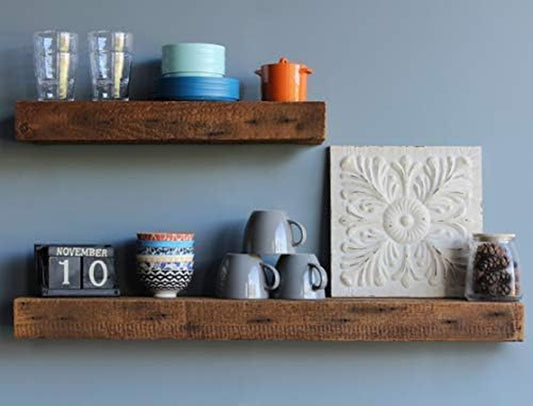 Reclaimed Barn Beam Accent Shelves | Floating or with Brackets Rustic Shelves, Set of 2 | (Floating Natural, 24"X7"X2.5" & 40"X7"X2.5")
