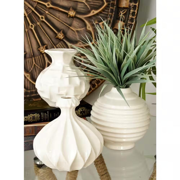 6 In., 6 In. White Ceramic Decorative Vase with Varying Patterns (Set of 3)