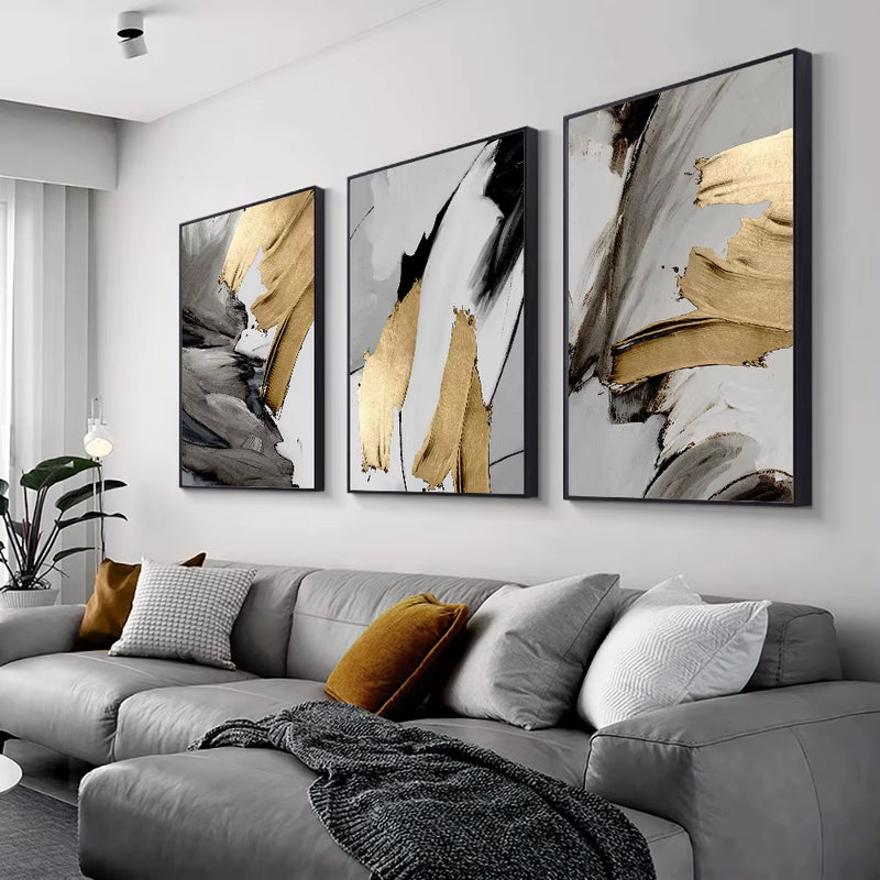 Transform Your Space with 3PCS Frameless Luxury Abstract Gray and Golden Canvas Wall Art - Perfect for Loft Apartments, Living Rooms, and Home Offices