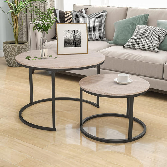 Industrial round Coffee Table Set of 2 End Table for Living Room,Stacking Side Tables, Sturdy and Easy Assembly,Wood Look Accent Furniture with Metal Frame,Black+Teak Oak