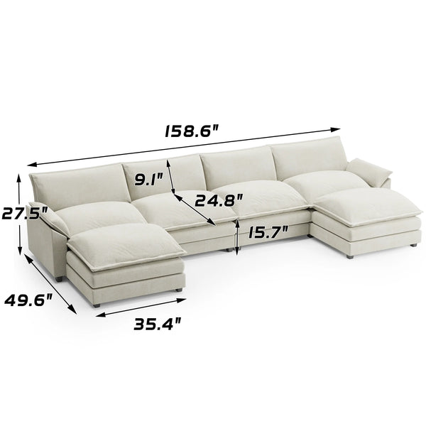 U-Shape 4 Seat Sectional Sofa with Chaise Lounge Convertible Sofa Set for Living Room,White