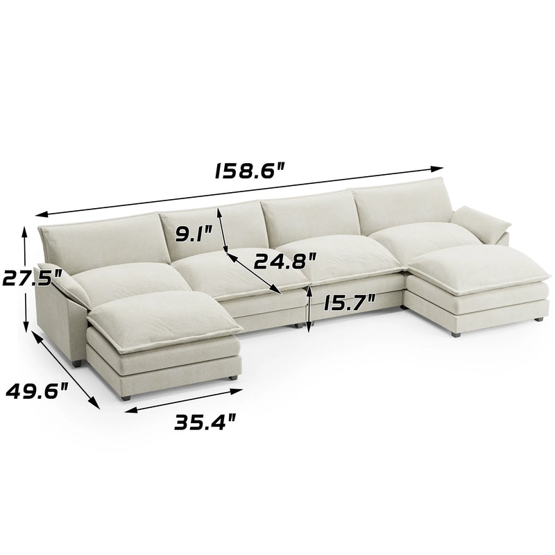 U-Shape 4 Seat Sectional Sofa with Chaise Lounge Convertible Sofa Set for Living Room,White