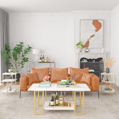 Faux Marble Coffee Table Set of 3,Rectangle Coffeetable and 2 Endtables,Modern Living Roomtablesets with Storage Shelves & Metal Frame for Small Spaces|Apartment|Easy Assembly|White & Gold
