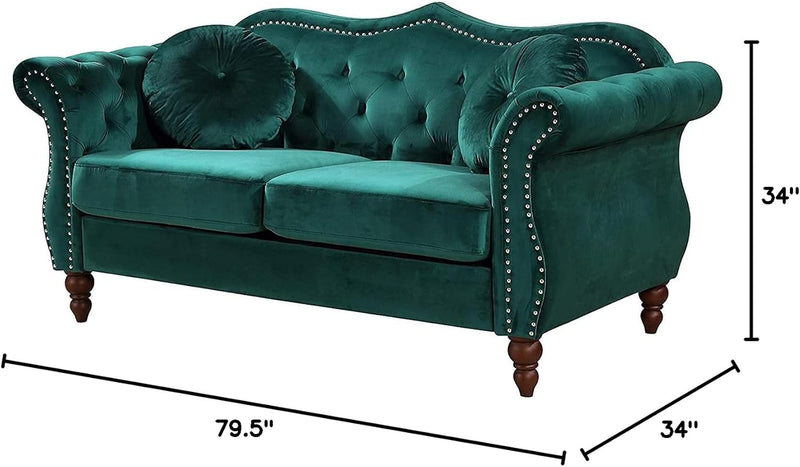 Anna1 Chesterfield Velvet Couches for Living Room, Button Tufted Luxury Upholstery with Rolled Arms, High-Density Foam, Durable Wood Frame, Sofa & Loveseat, Green