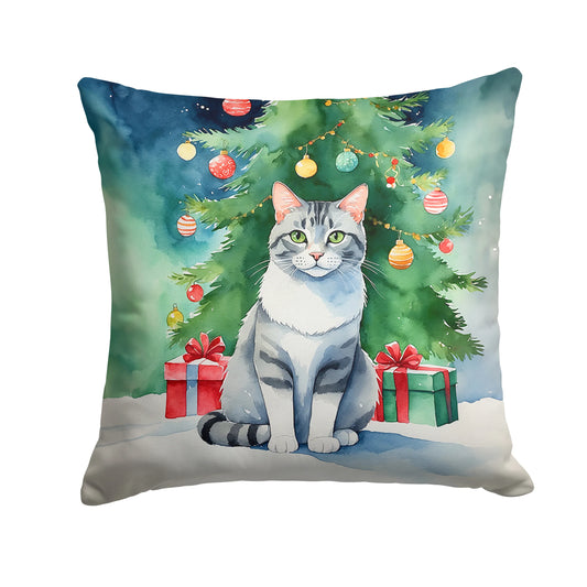 Aegean Cat by the Christmas Tree Throw Pillow