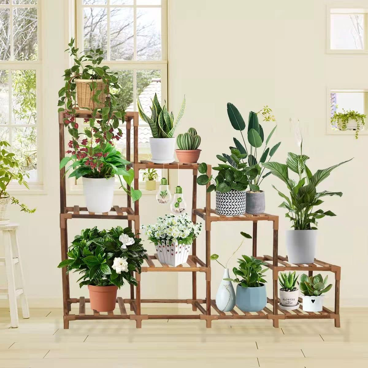 Plant Stands for Indoor Plants Multiple Outdoor Large Wood Plant Shelf Indoor 9-Tier 10 Potted Plant Shelves Multi Tier Wooden Plant Stand Indoor for Living Room Balcony Garden Lawn Patio( 31"Hbrown)