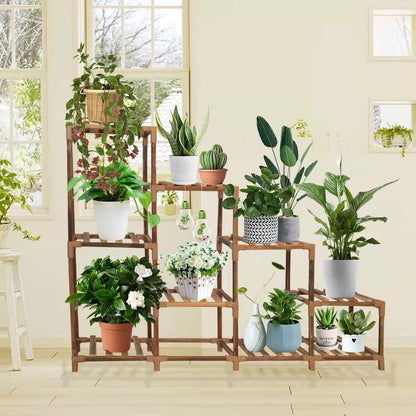 Plant Stands for Indoor Plants Multiple Outdoor Large Wood Plant Shelf Indoor 9-Tier 10 Potted Plant Shelves Multi Tier Wooden Plant Stand Indoor for Living Room Balcony Garden Lawn Patio( 31"Hbrown)