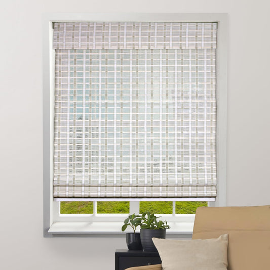 Sheer Bamboo Roman Shades with Valance - Whitewash, 29.5" W X 60" H - Light Filtering Cordless Blinds for Interior Windows - Real Natural Bamboo Material - Mounting Hardware Included