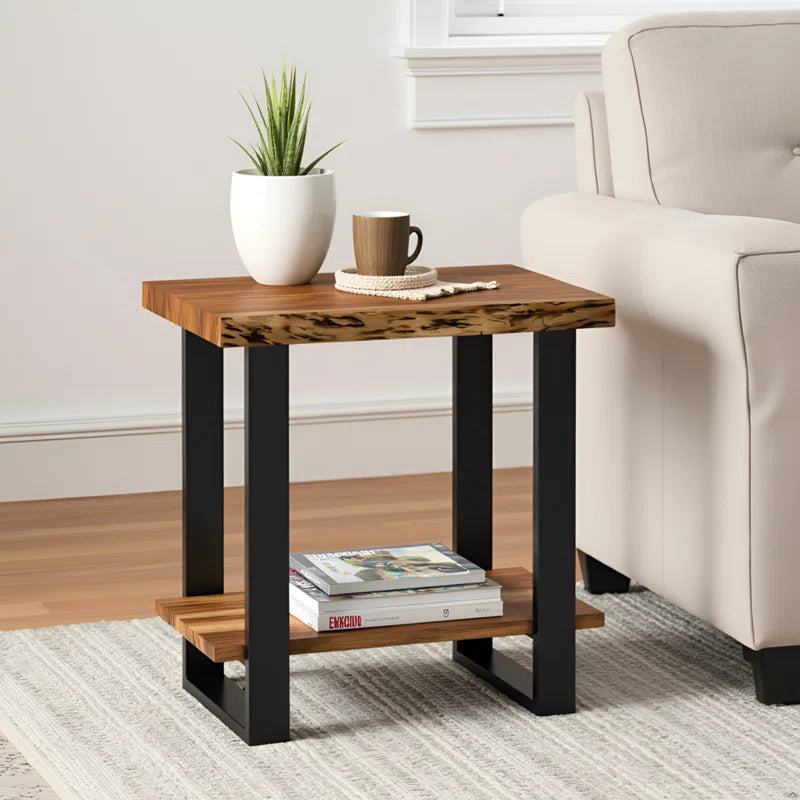 Alpine 27-Inch Solid Acacia Wood 2-Tier Modern Industrial End/Side Table with Live Edge Design