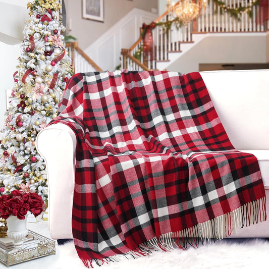Christmas Red Plaid Throw Blanket for Couch, Bed, Super Soft Red Plaid Scarf, Throw Blanket, Christmas Decorative Throw with Tassels 50"X60"
