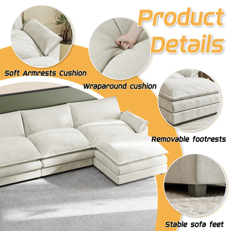 U-Shape 4 Seat Sectional Sofa with Chaise Lounge Convertible Sofa Set for Living Room,White