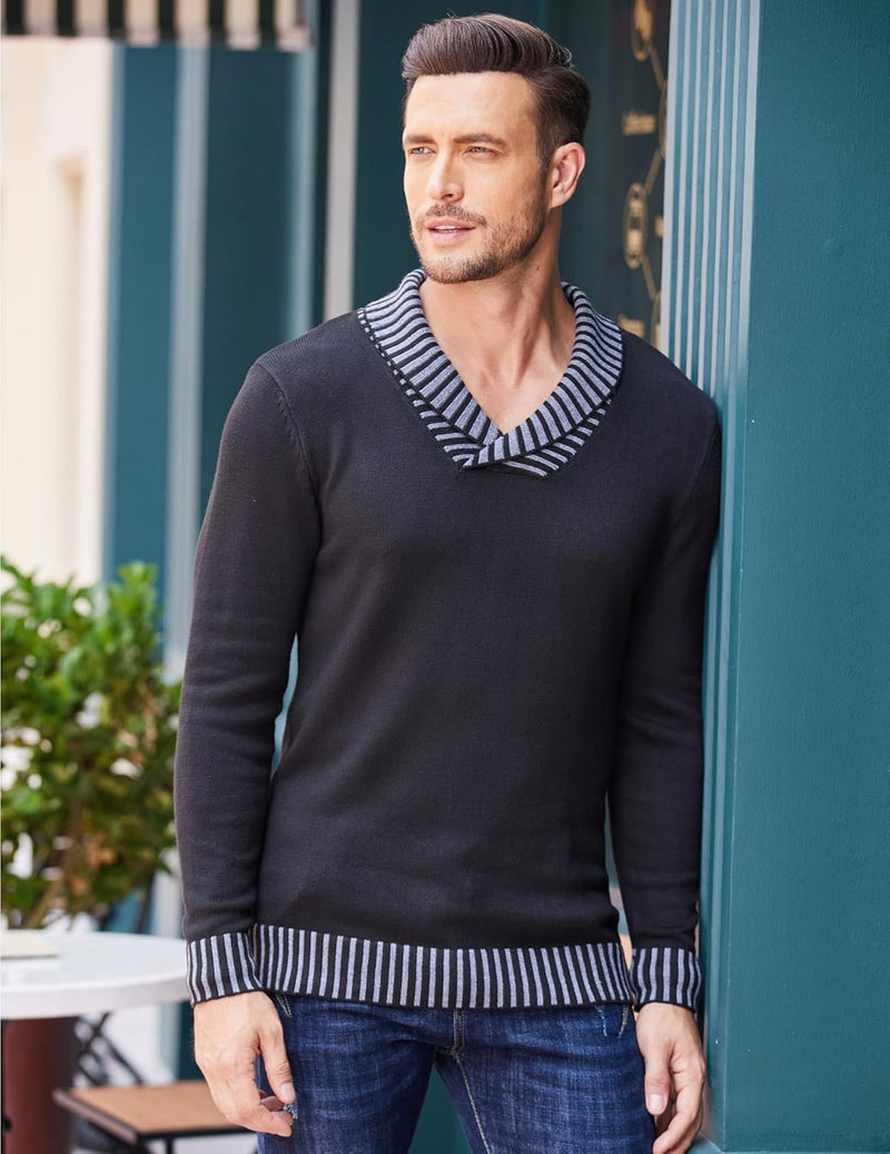 Men Casual Knitted Sweaters Shawl Collar Dress Sweater Long Sleeve V-Neck Pullover Tops