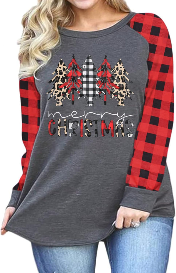 Cute plus Size Christmas Leopard Xmas Tree Long Sleeve Shirt for Women Vintage Plaid Casual Top Blouse（Xl-5Xl）