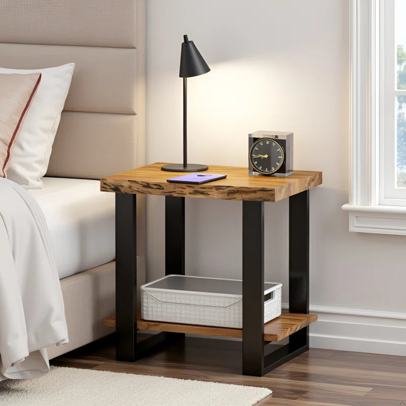 Alpine 27-Inch Solid Acacia Wood 2-Tier Modern Industrial End/Side Table with Live Edge Design