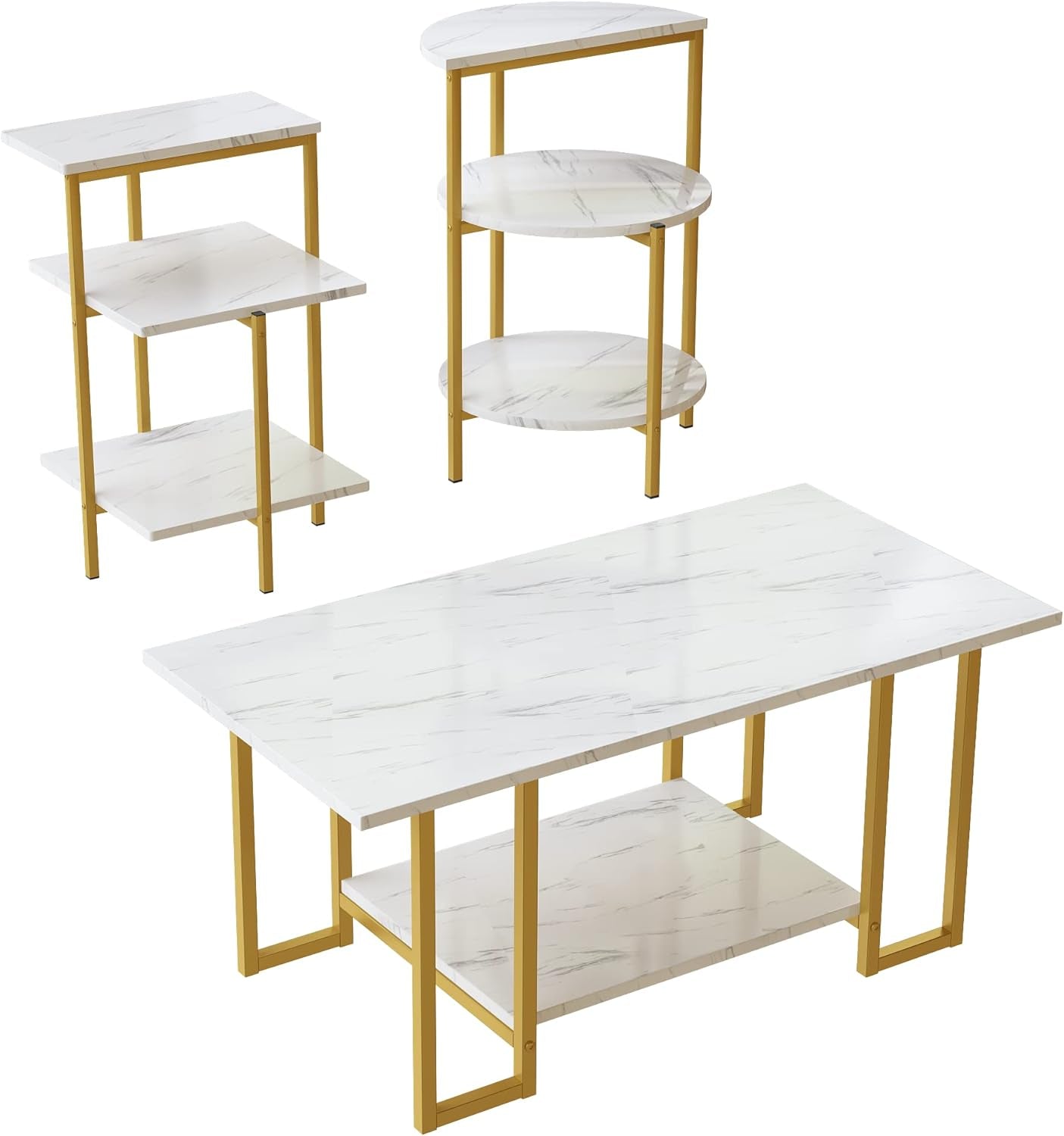 Faux Marble Coffee Table Set of 3,Rectangle Coffeetable and 2 Endtables,Modern Living Roomtablesets with Storage Shelves & Metal Frame for Small Spaces|Apartment|Easy Assembly|White & Gold