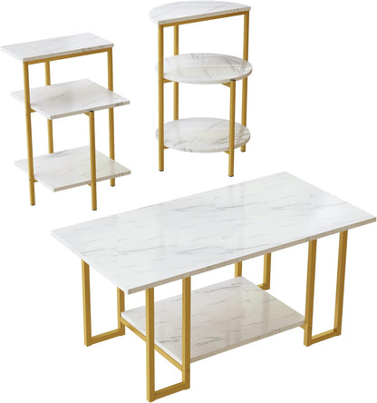 Faux Marble Coffee Table Set of 3,Rectangle Coffeetable and 2 Endtables,Modern Living Roomtablesets with Storage Shelves & Metal Frame for Small Spaces|Apartment|Easy Assembly|White & Gold