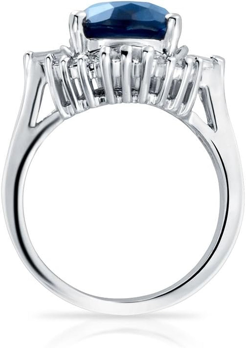 Personalize Vintage Art Deco Style Cocktail Ring with Large Oval Solitaire AAA CZ Baguette Halo Simulated Sapphire Blue Green - 5-15 CTW Customizable