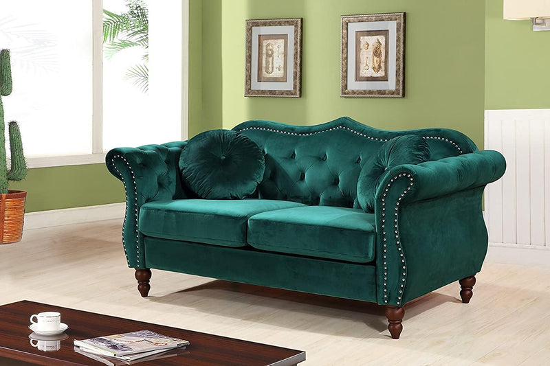 Anna1 Chesterfield Velvet Couches for Living Room, Button Tufted Luxury Upholstery with Rolled Arms, High-Density Foam, Durable Wood Frame, Sofa & Loveseat, Green
