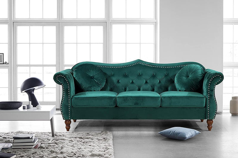 Anna1 Chesterfield Velvet Couches for Living Room, Button Tufted Luxury Upholstery with Rolled Arms, High-Density Foam, Durable Wood Frame, Sofa & Loveseat, Green