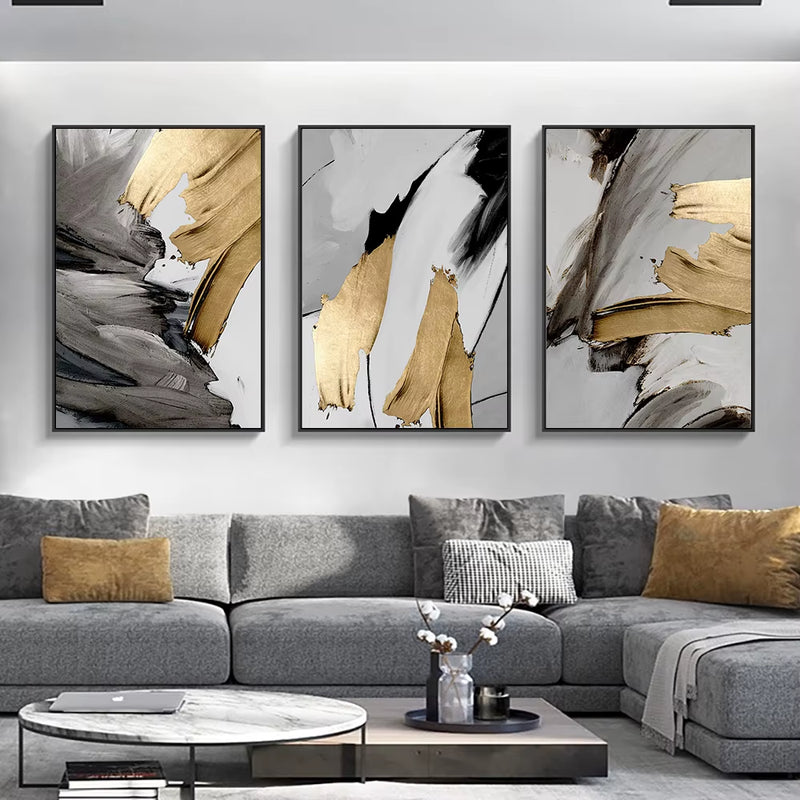 Transform Your Space with 3PCS Frameless Luxury Abstract Gray and Golden Canvas Wall Art - Perfect for Loft Apartments, Living Rooms, and Home Offices