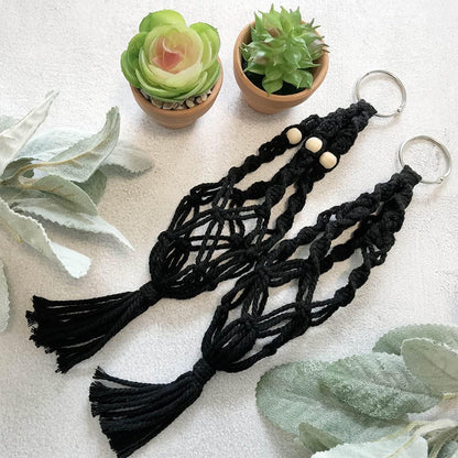 Car Hanging Accessories, 2Mini Macrame Plant Hangers with 2Terracotta Pots & Faux Plants, Black, Boho Style, Unisex-Adults