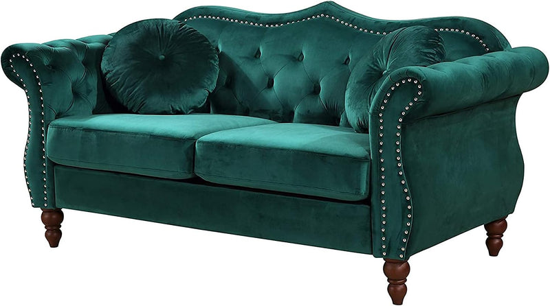 Anna1 Chesterfield Velvet Couches for Living Room, Button Tufted Luxury Upholstery with Rolled Arms, High-Density Foam, Durable Wood Frame, Sofa & Loveseat, Green