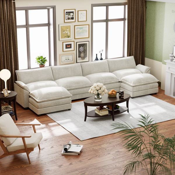 U-Shape 4 Seat Sectional Sofa with Chaise Lounge Convertible Sofa Set for Living Room,White